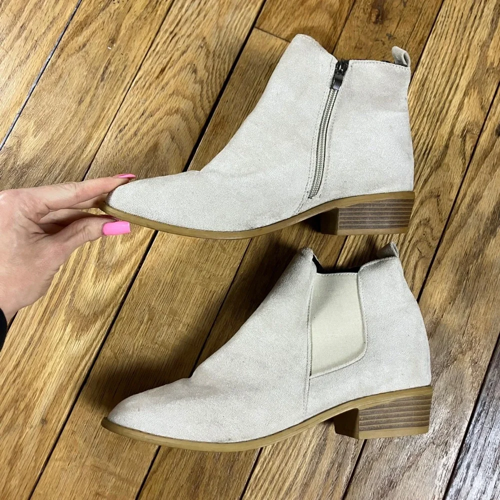 Beige Suede Ankle Boots‎ Side Zip Elastic Chelsea Block Heel Size 42